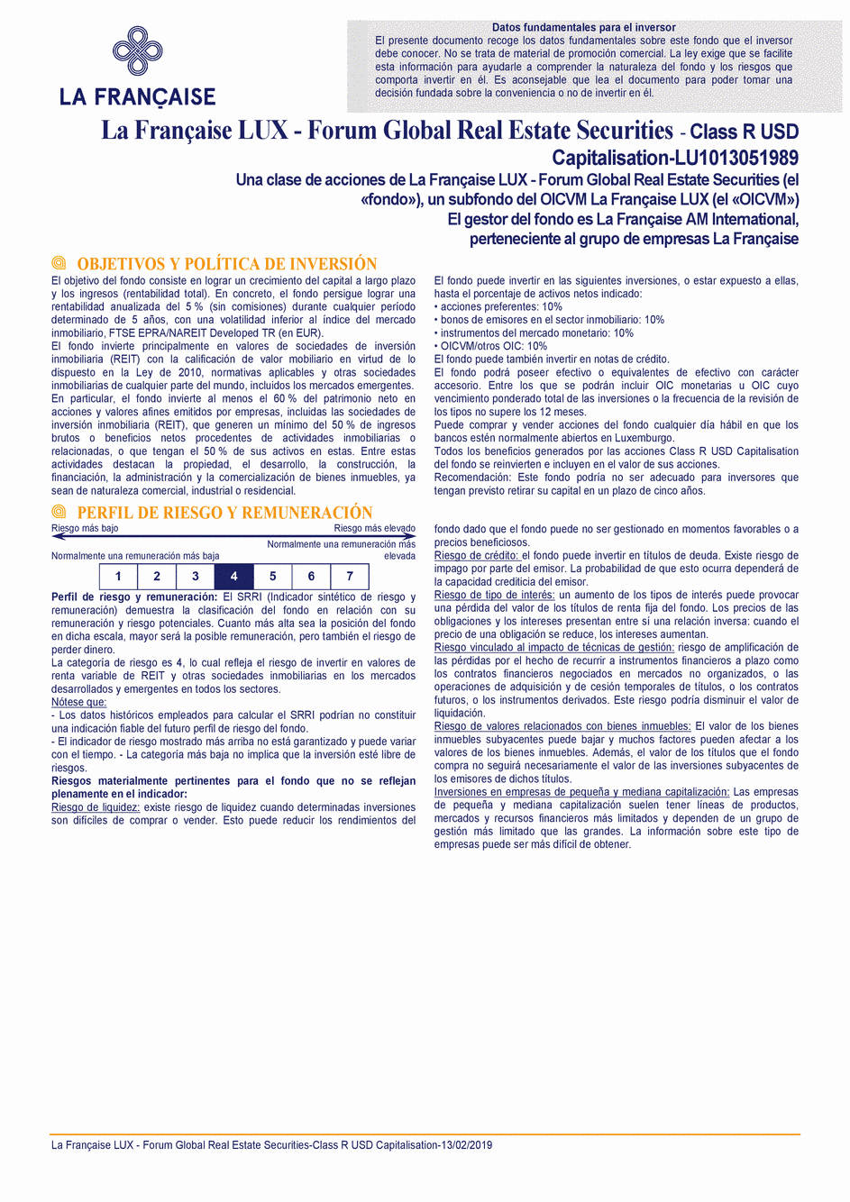 DICI La Française LUX - Forum Global Real Estate Securities - R (C) USD - 13/02/2019 - Spanish