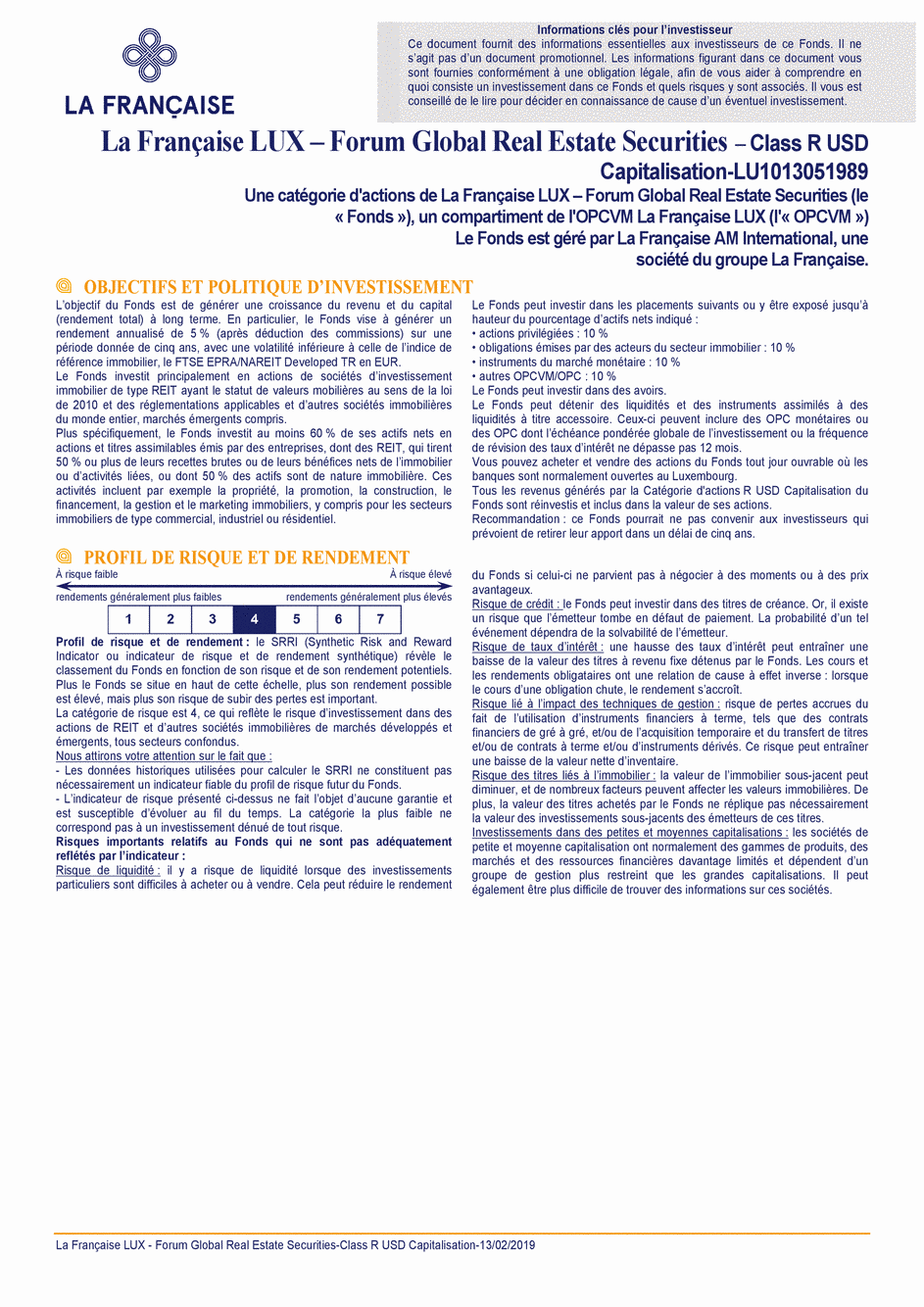 DICI La Française LUX - Forum Global Real Estate Securities - R (C) USD - 13/02/2019 - French