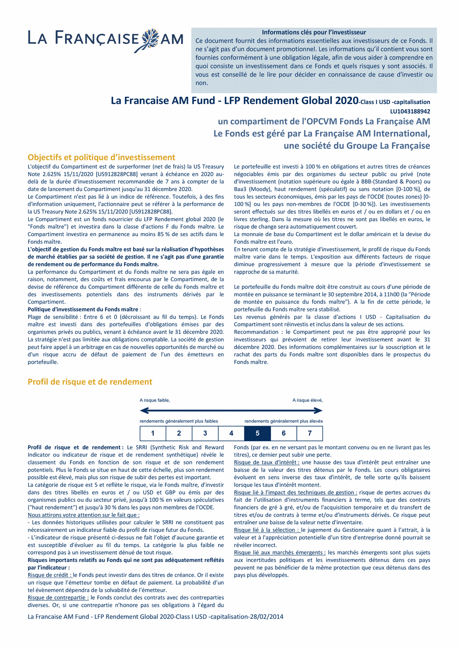 DICI La Française LUX - Rendement Global 2020 USD - I (C) USD - 28/02/2014 - French