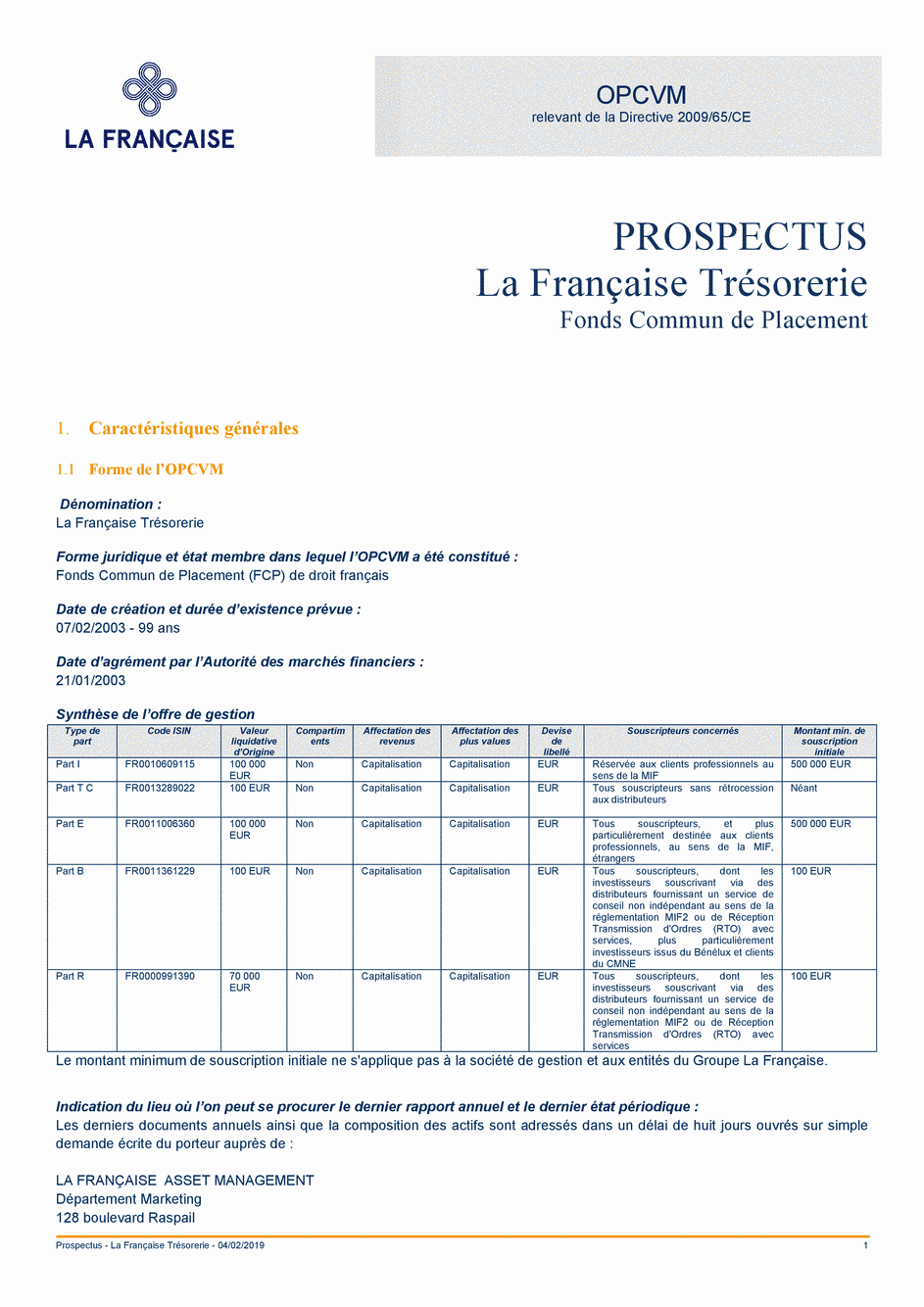 Prospectus La Française Trésorerie - Part E - 04/02/2019 - French