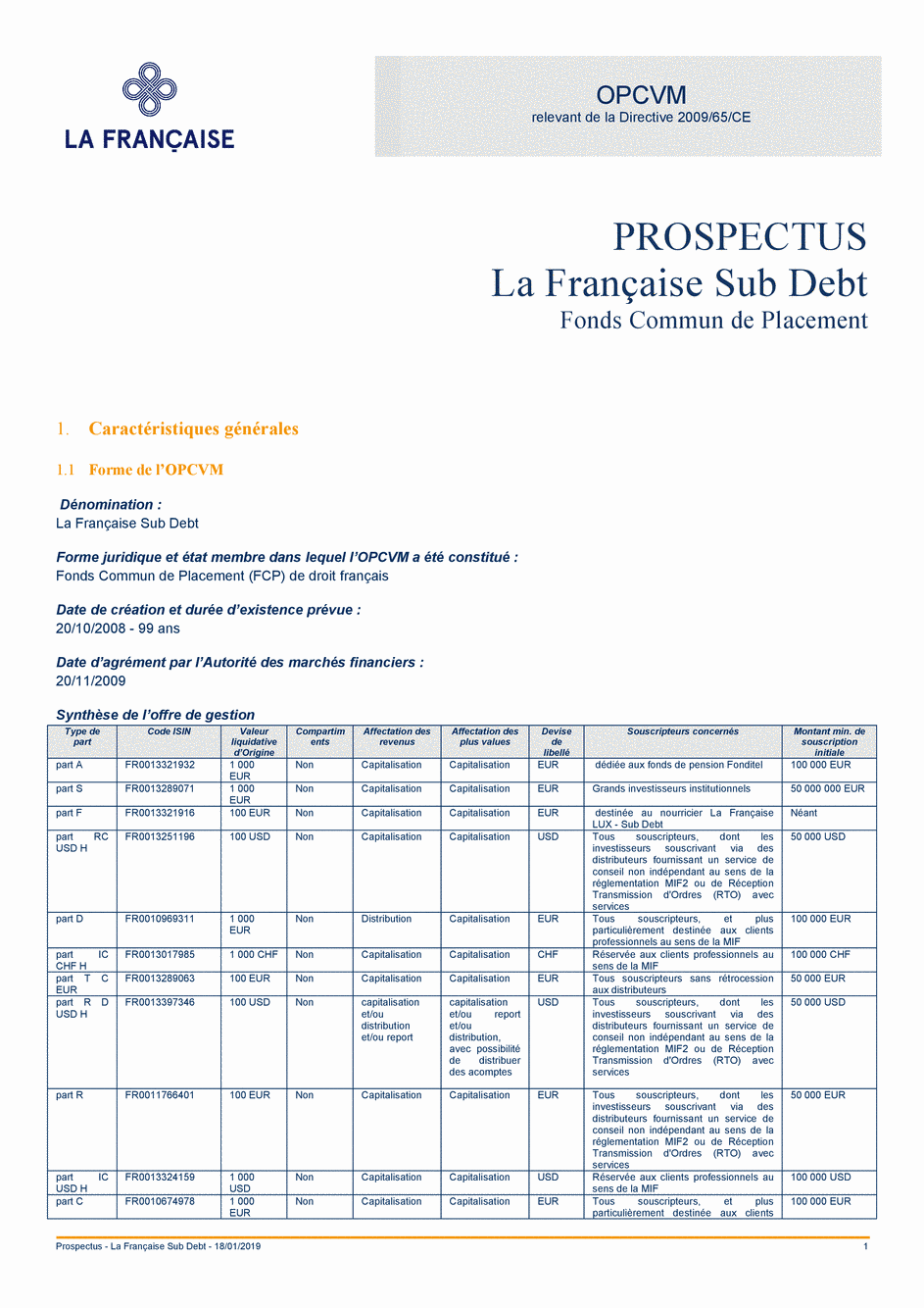 Prospectus La Française Sub Debt - Part IC CHF H - 18/01/2019 - French