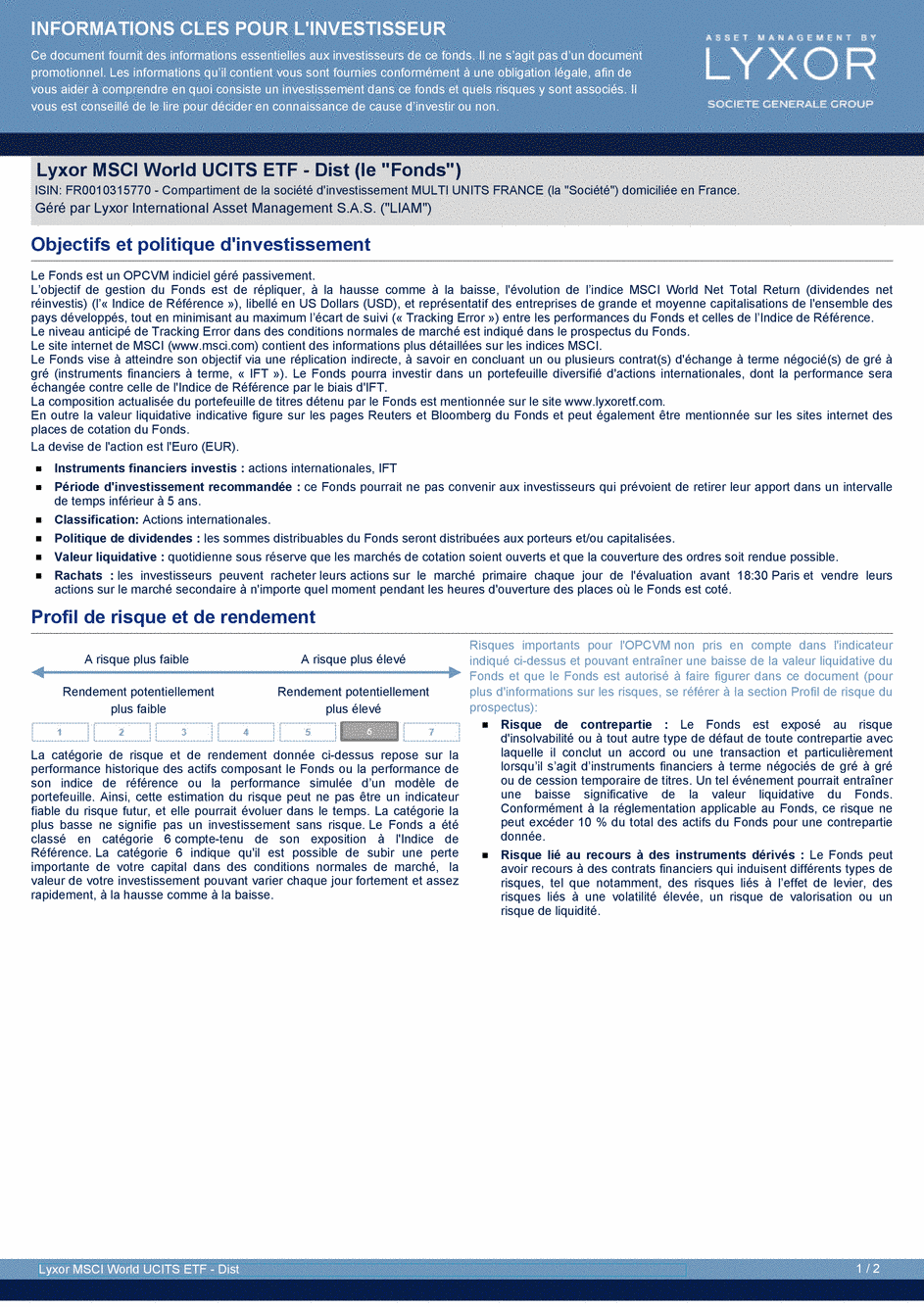 DICI Lyxor MSCI World UCITS ETF - Dist - 19/02/2021 - French