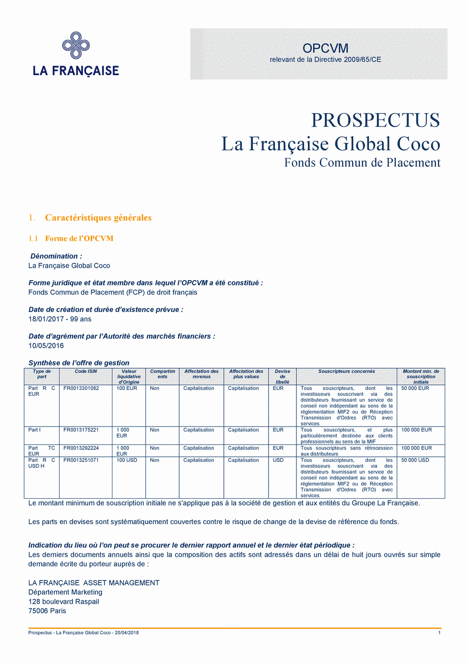 Prospectus La Française Global Coco - Part R D USD H - 20/04/2018 - French