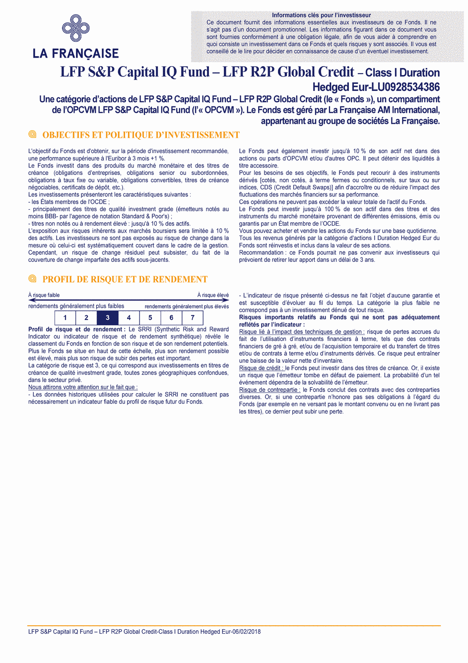 DICI LFP S&P Capital IQ Fund - LFP R2P Global Credit (Class I Duration Hedged C EUR) - 06/02/2018 - Français