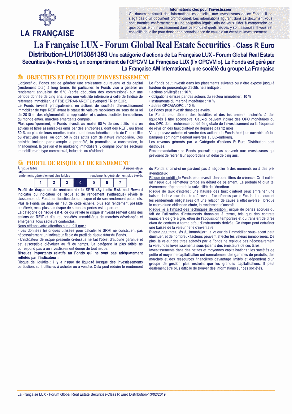 DICI La Française LUX - Forum Global Real Estate Securities - R (D) EUR - 13/02/2019 - Français