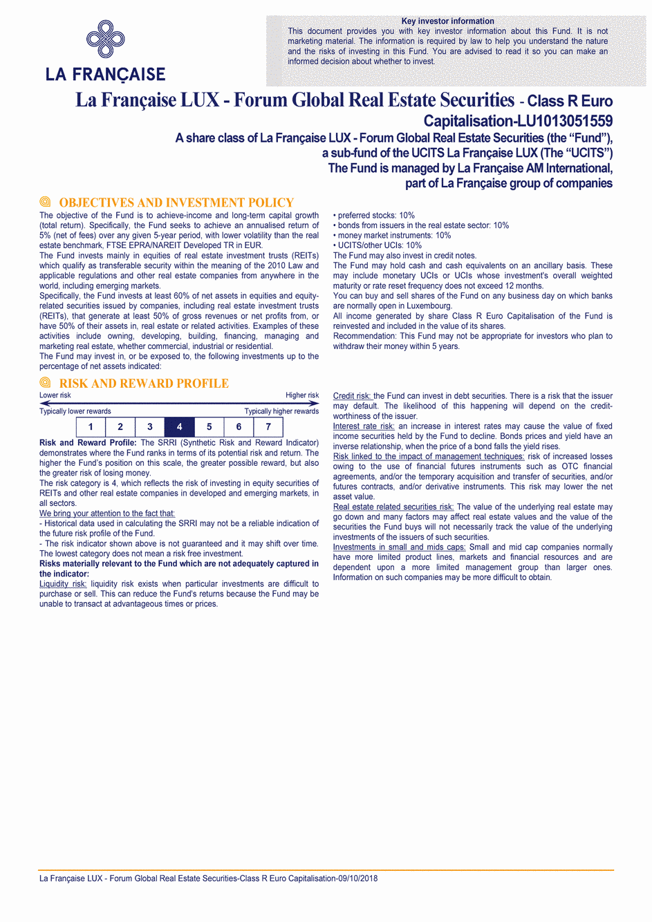 DICI La Française LUX - Forum Global Real Estate Securities - R (C) EUR - 09/10/2018 - Anglais