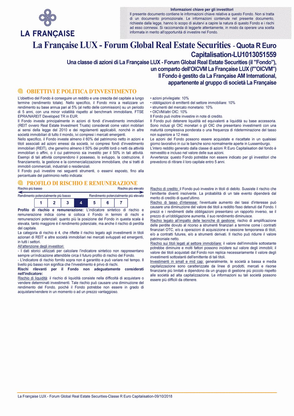 DICI La Française LUX - Forum Global Real Estate Securities - R (C) EUR - 09/10/2018 - Italien