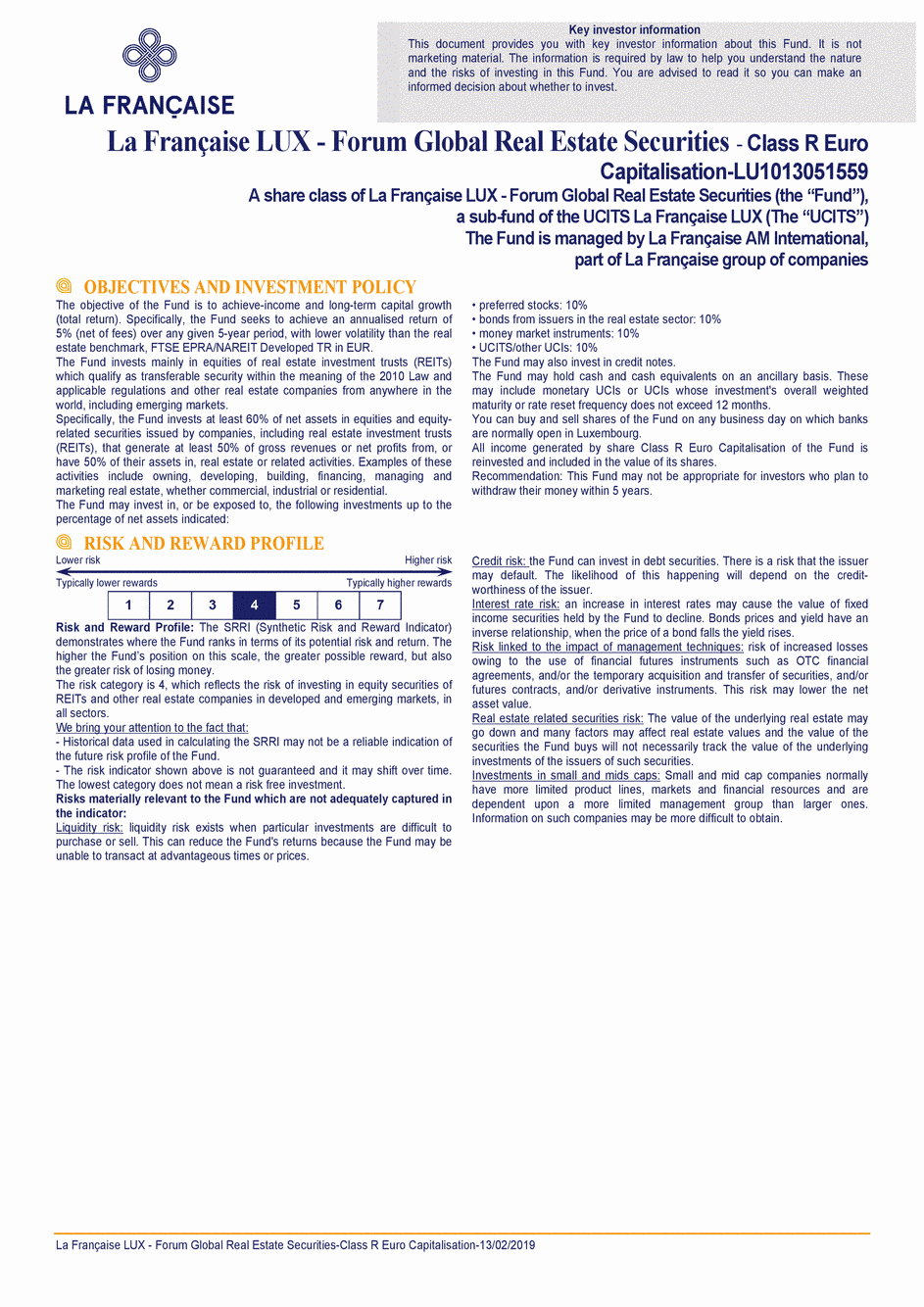 DICI La Française LUX - Forum Global Real Estate Securities - R (C) EUR - 13/02/2019 - Anglais