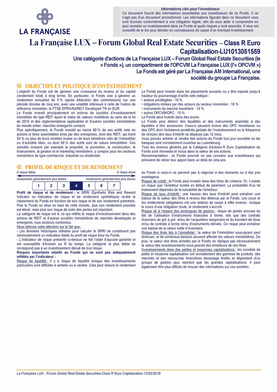 DICI La Française LUX - Forum Global Real Estate Securities - R (C) EUR - 13/02/2019 - Français