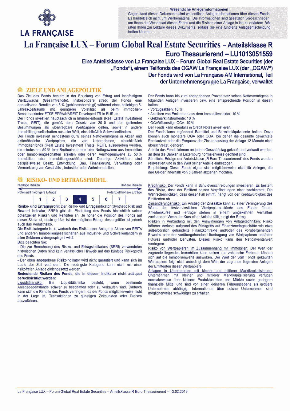 DICI La Française LUX - Forum Global Real Estate Securities - R (C) EUR - 13/02/2019 - Allemand