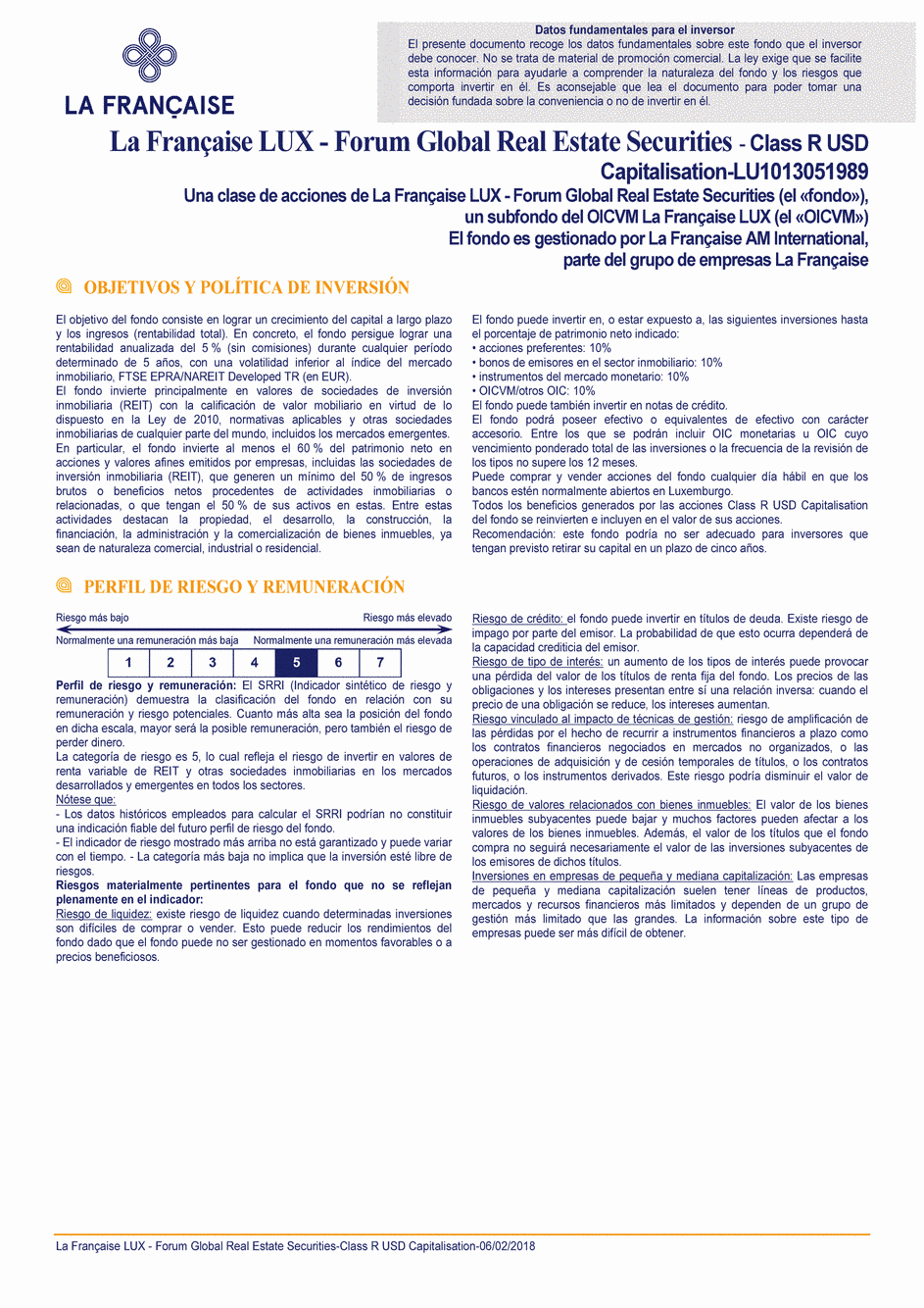DICI La Française LUX - Forum Global Real Estate Securities - R (C) USD - 06/02/2018 - Espagnol