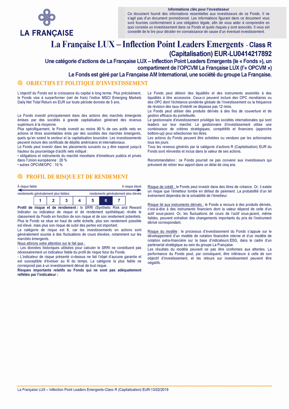 DICI La Française LUX - Inflection Point Leaders Emergents - R (C) EUR - 13/02/2019 - Français
