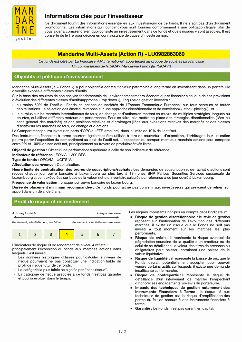 DICI Mandarine Funds - Mandarine Multistrategies R - 22/02/2018 - Français