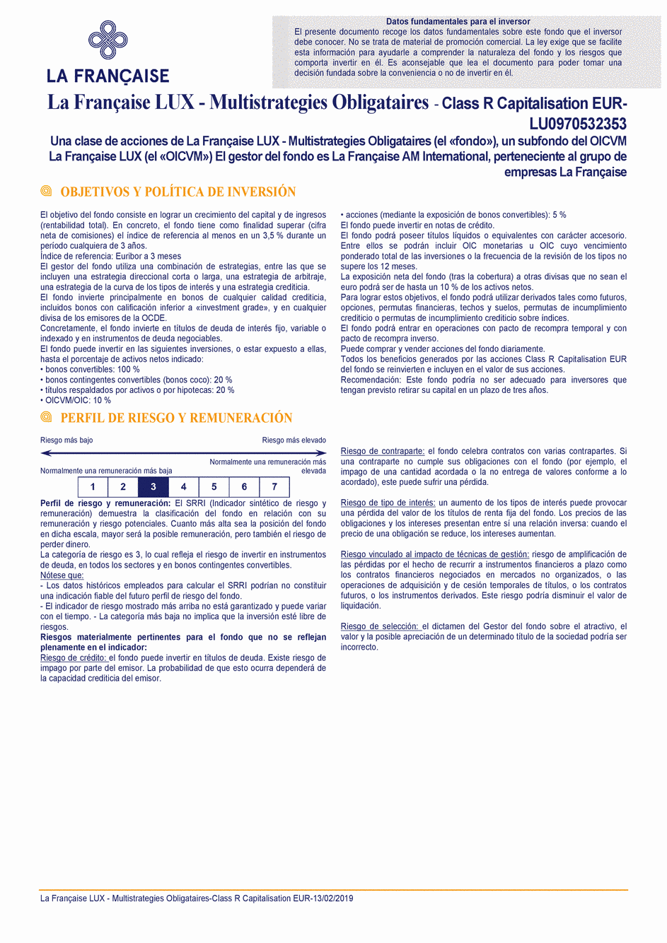 DICI La Française LUX - Multistratégies Obligataires - R (C) EUR - 13/02/2019 - Espagnol