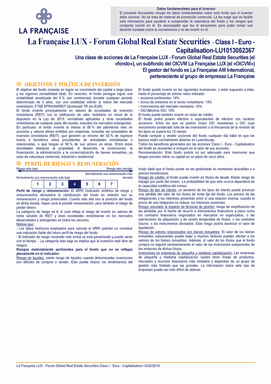 DICI La Française LUX - Forum Global Real Estate Securities - I (C) EUR - 13/02/2019 - Espagnol