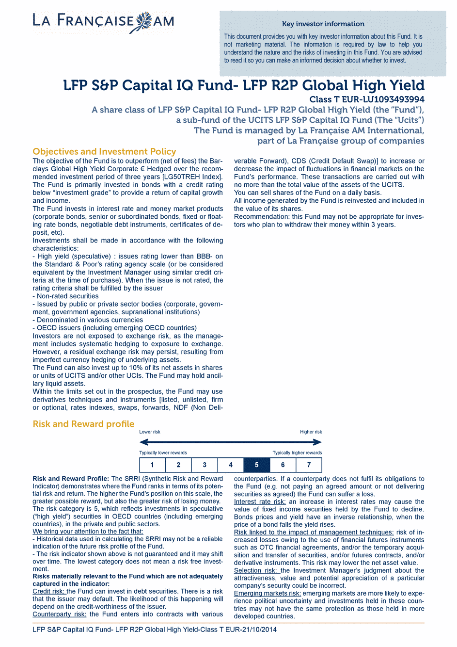 DICI LFP S&P Capital IQ Fund - LFP R2P Global High Yield T CAP EUR - 21/10/2014 - Anglais