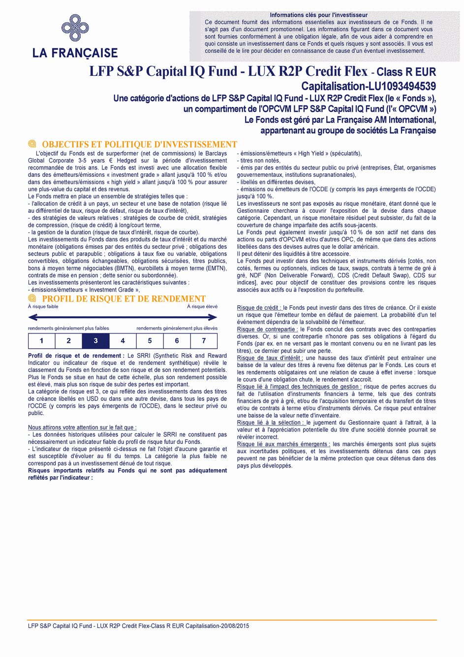DICI LFP S&P Capital IQ Fund - LUX R2P Credit Flex R CAP EUR - 20/08/2015 - Français