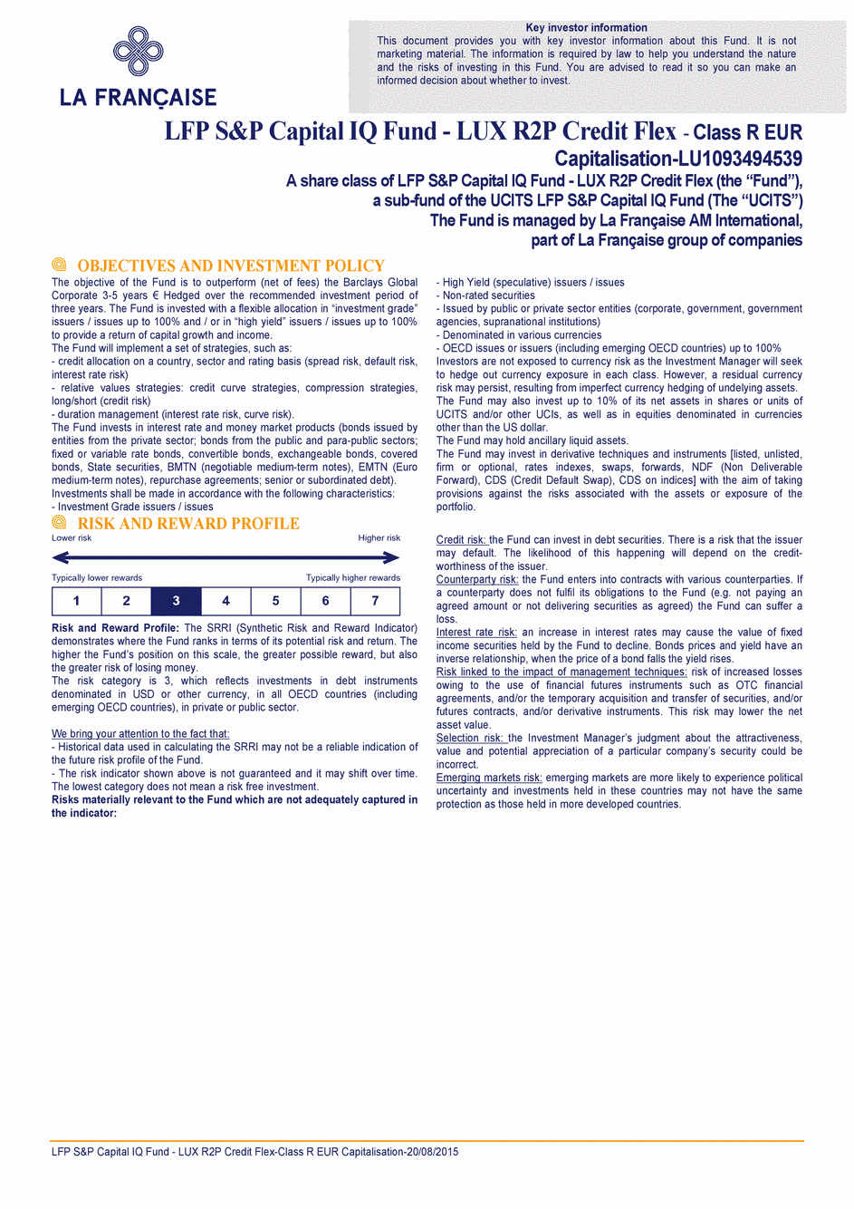 DICI LFP S&P Capital IQ Fund - LUX R2P Credit Flex R CAP EUR - 20/08/2015 - Anglais