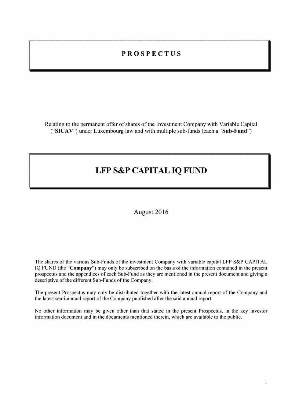 Prospectus LFP S&P Capital IQ Fund - LUX R2P Credit Flex T CAP USD - 23/08/2016 - Anglais