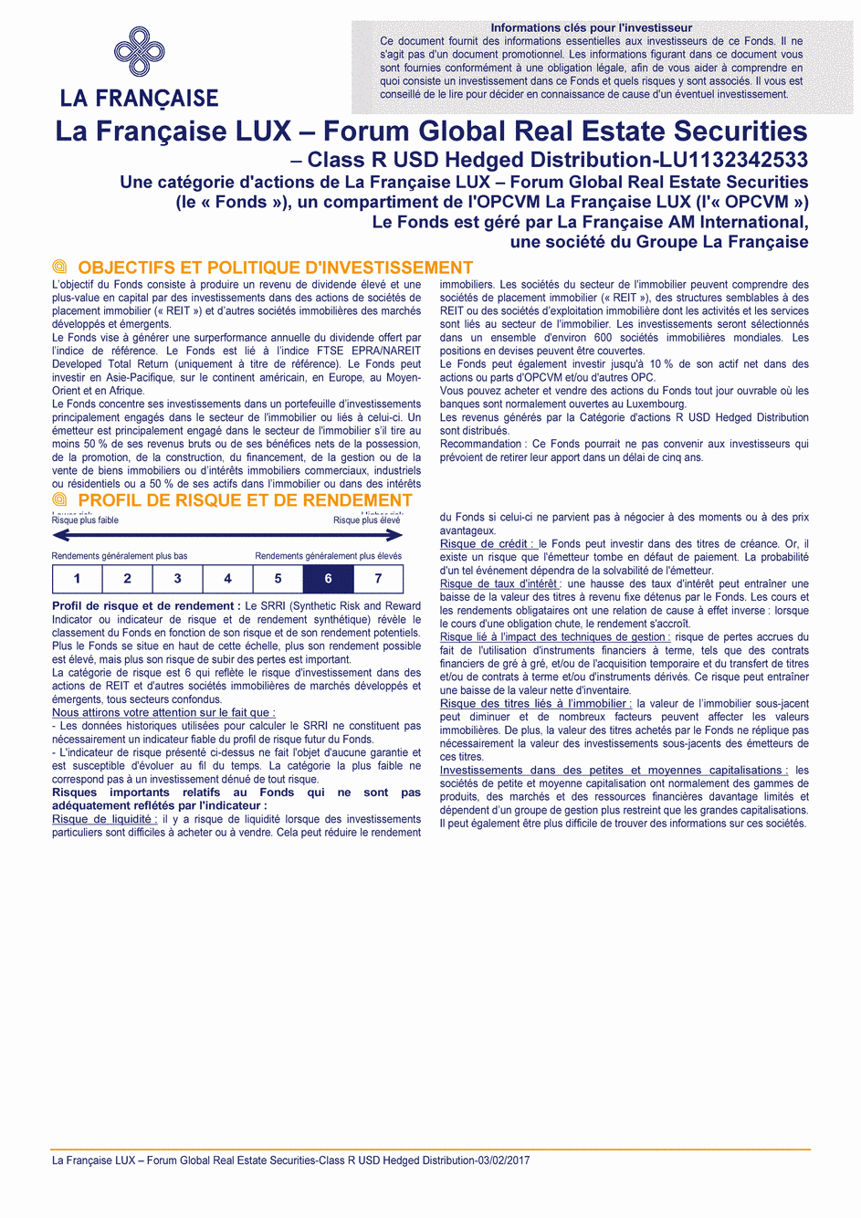 DICI La Française LUX - Forum Global Real Estate Securities - R (D) USD H - 03/02/2017 - Français