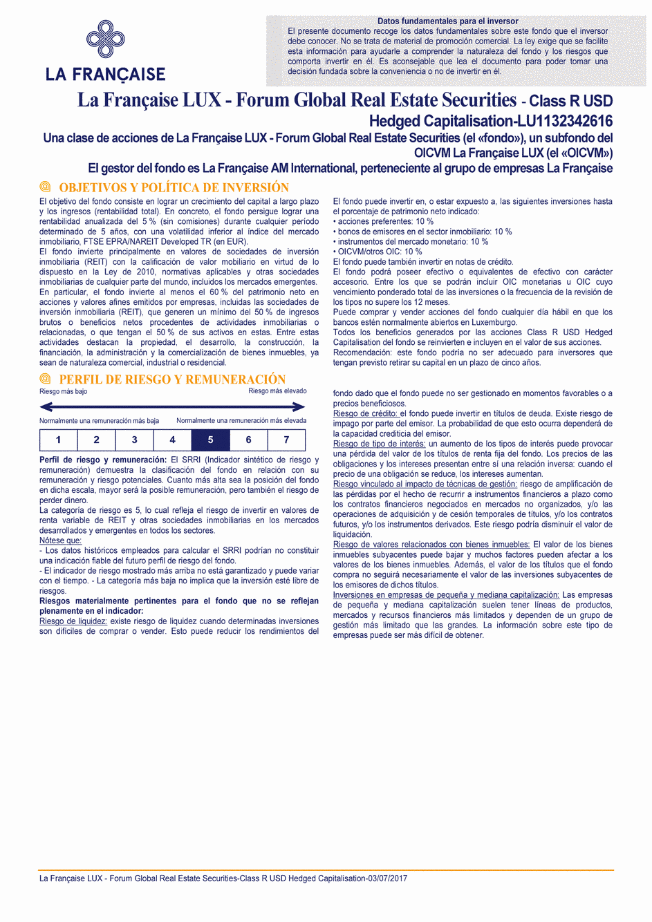 DICI La Française LUX - Forum Global Real Estate Securities - R (C) USD H - 03/07/2017 - Espagnol