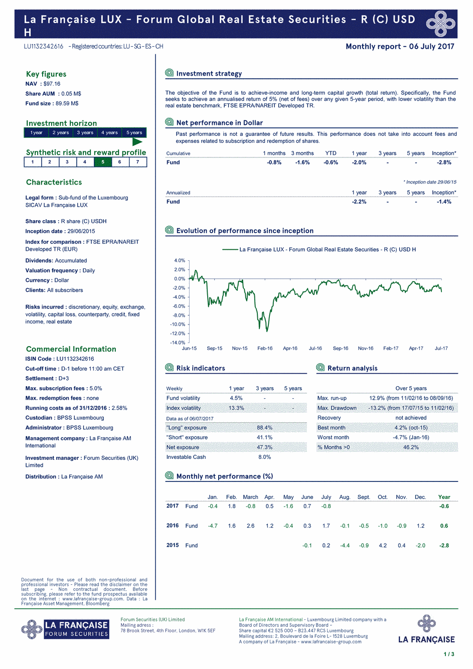 Reporting La Française LUX - Forum Global Real Estate Securities - R (C) USD H - 31/07/2017 - Anglais