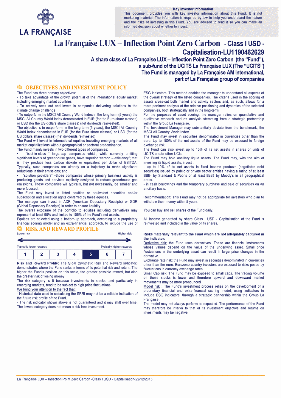 DICI La Française LUX - Inflection Point Carbon Impact Global - Class I USD - 22/12/2015 - Anglais