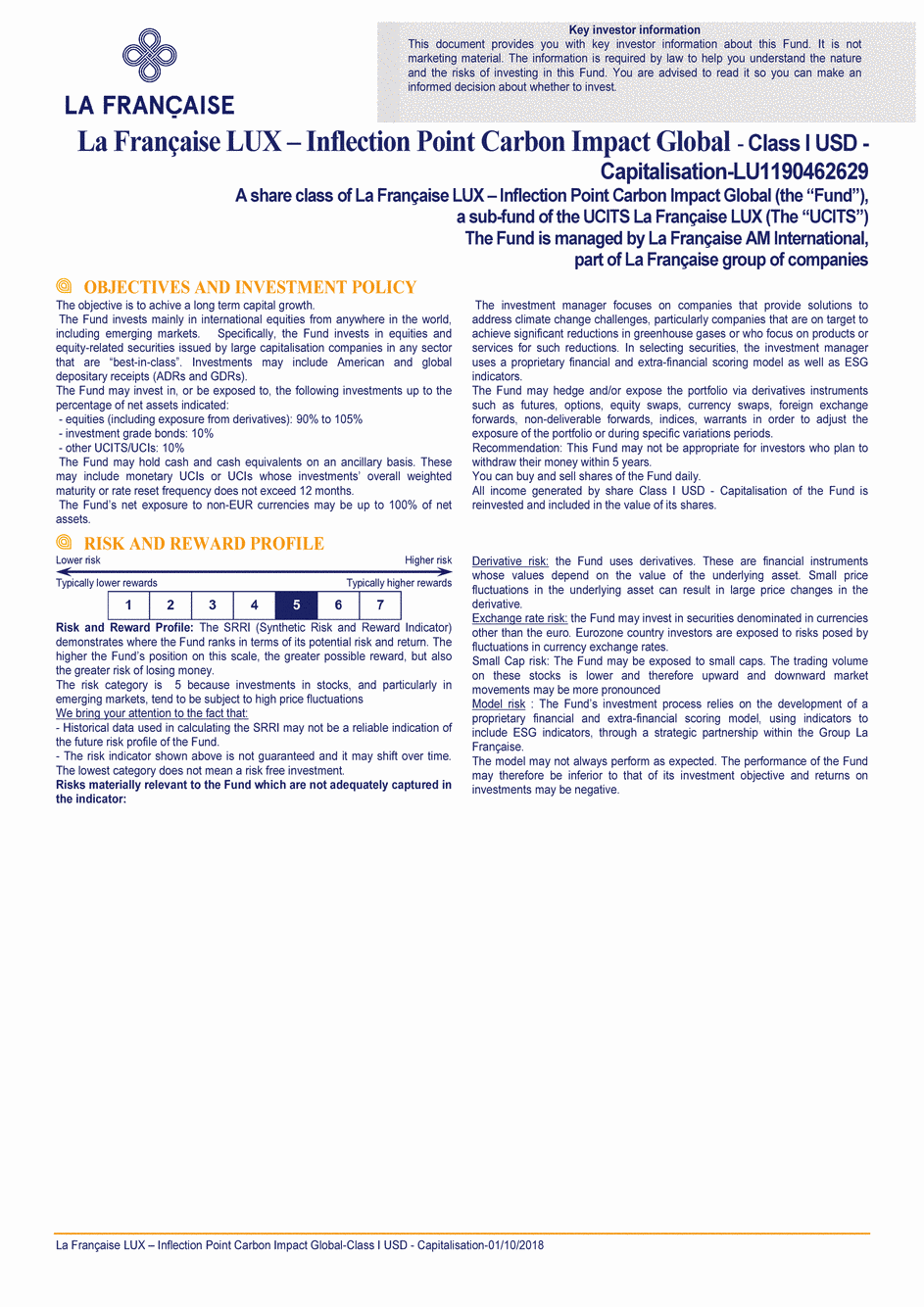 DICI La Française LUX - Inflection Point Carbon Impact Global - Class I USD - 01/10/2018 - Anglais