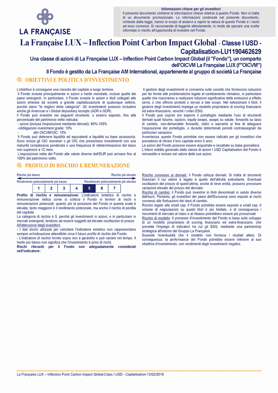 DICI La Française LUX - Inflection Point Carbon Impact Global - Class I USD - 13/02/2019 - Italien