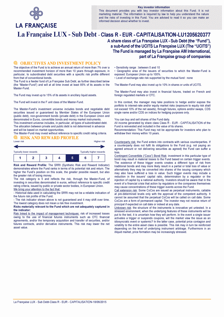 DICI La Française LUX - Sub Debt - R (C) EUR - 18/06/2015 - Anglais