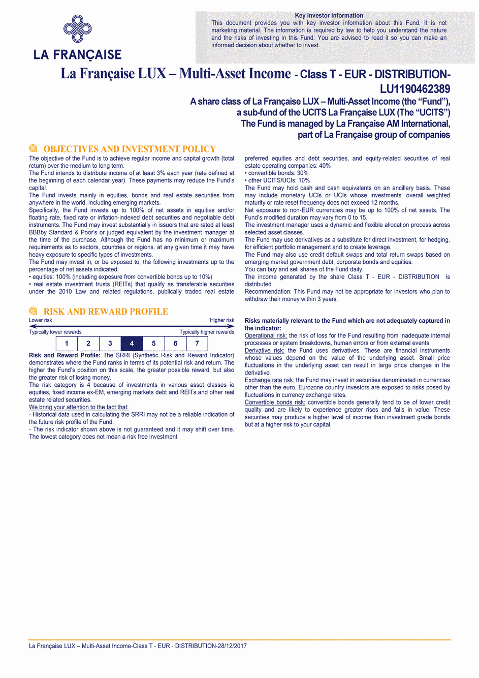 DICI La Française LUX - Multi-Asset Income - T (D) EUR - 28/12/2017 - Anglais