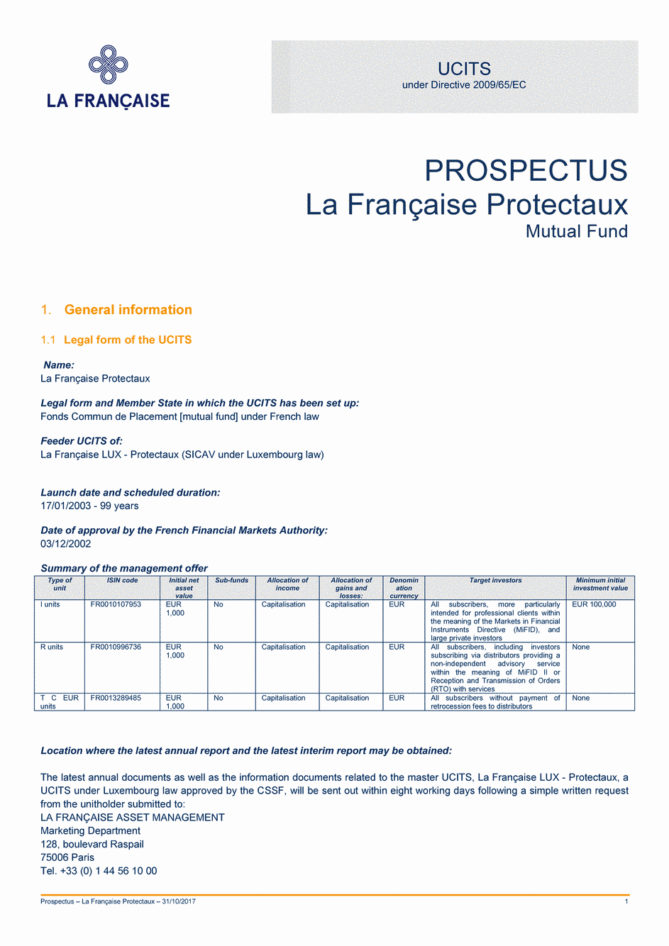 Prospectus La Française Protectaux - Part I - 31/10/2017 - Anglais