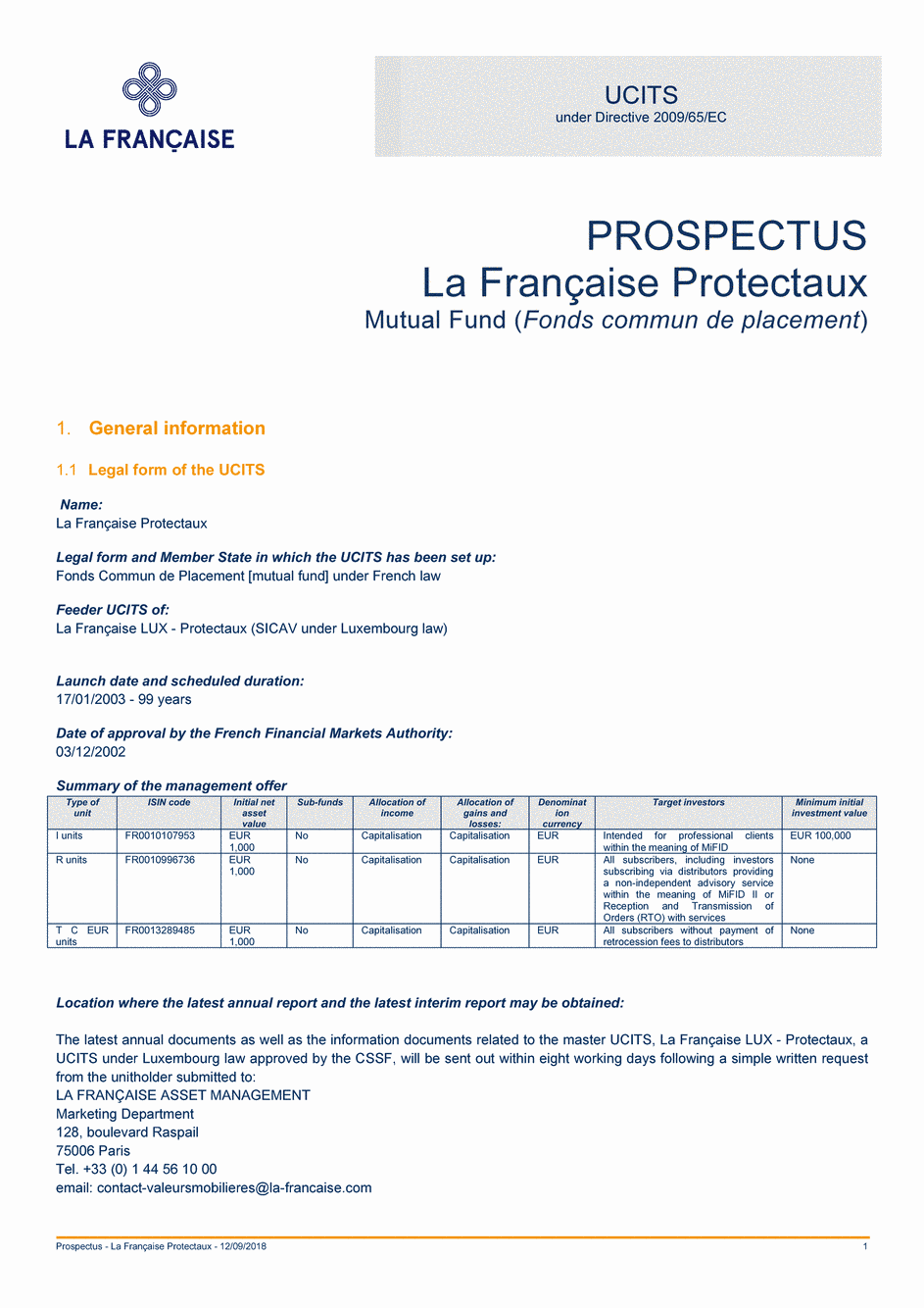 Prospectus La Française Protectaux - Part I - 12/09/2018 - Anglais
