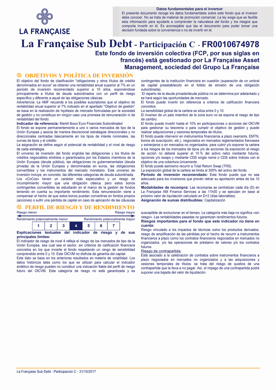 DICI La Française Sub Debt - Part C - 31/10/2017 - Espagnol