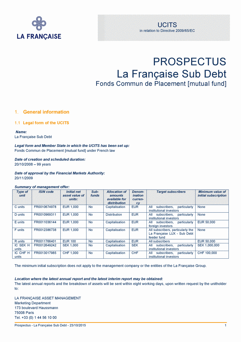 Prospectus La Française Sub Debt - Part C - 23/10/2015 - Anglais