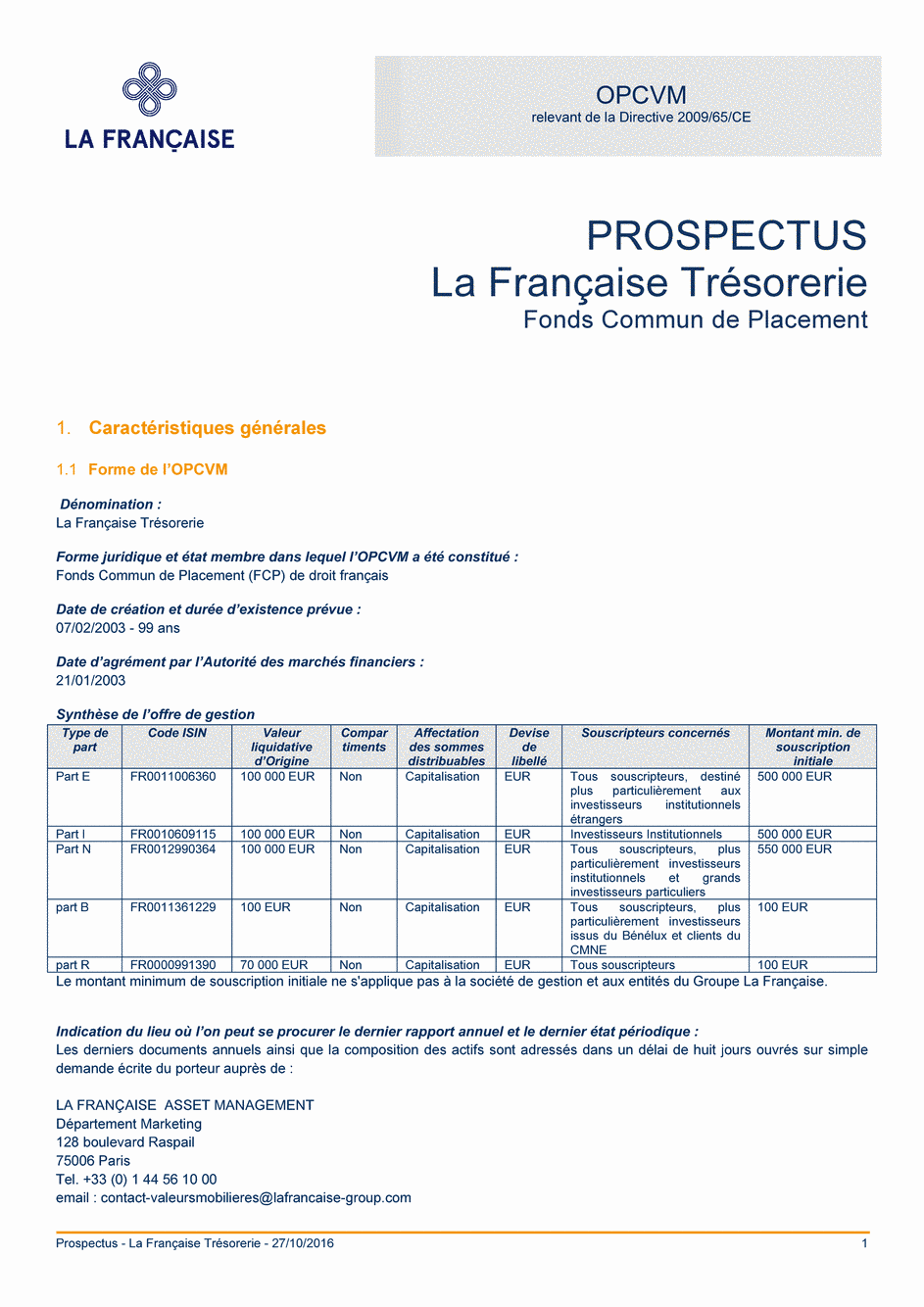 Prospectus La Française Trésorerie - Part R - 27/10/2016 - Français