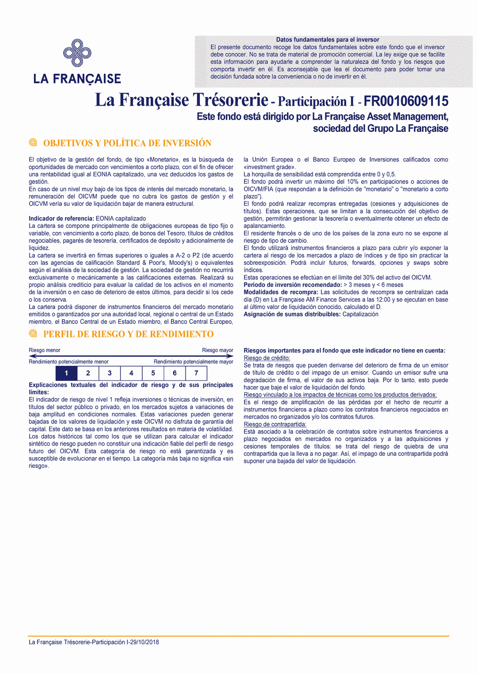 DICI La Française Trésorerie - Part I - 29/10/2018 - Espagnol