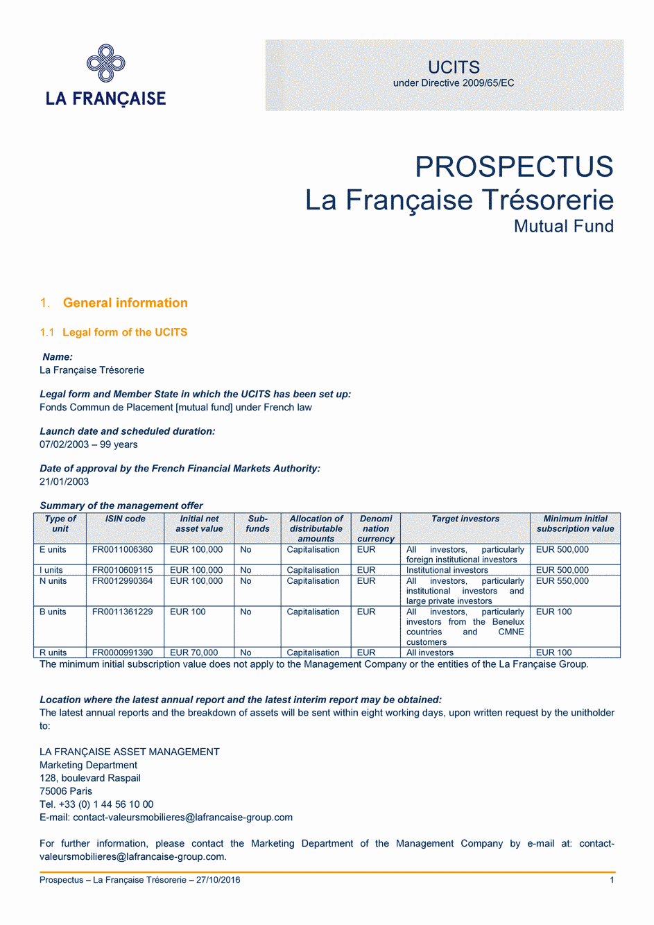 Prospectus La Française Trésorerie - Part I - 27/10/2016 - Anglais