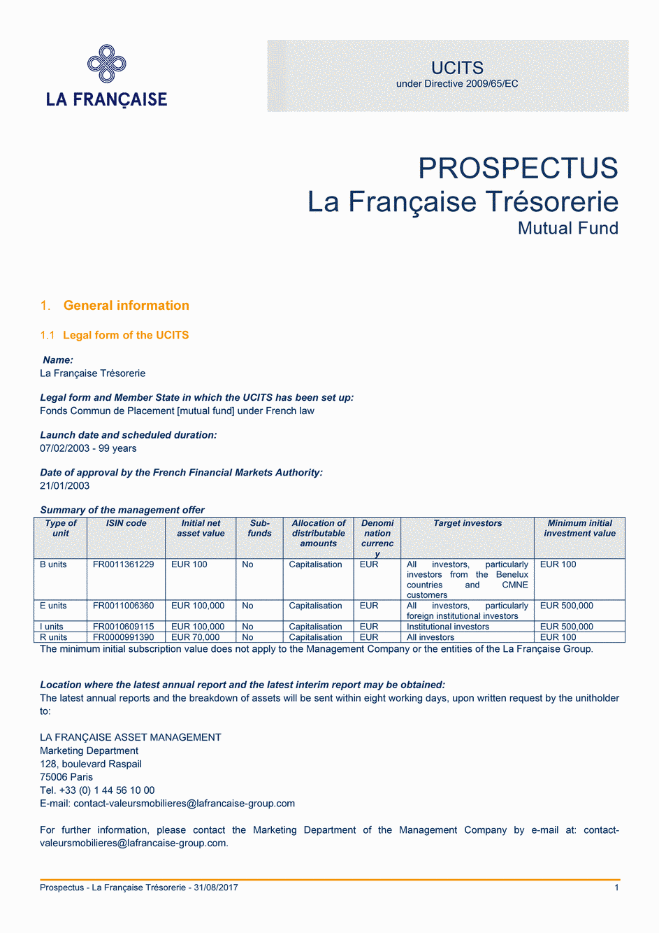 Prospectus La Française Trésorerie - Part I - 31/08/2017 - Anglais