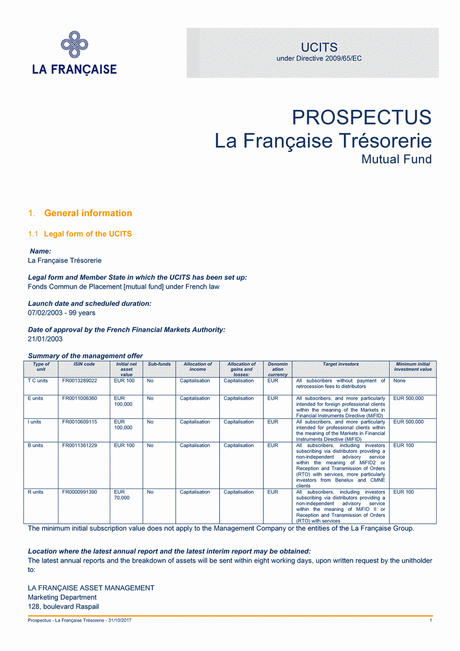 Prospectus La Française Trésorerie - Part I - 31/10/2017 - Anglais
