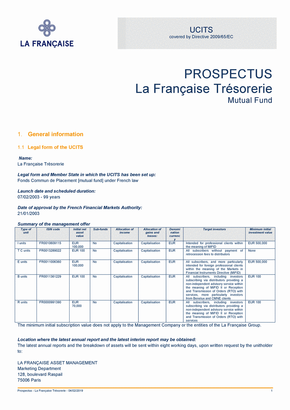 Prospectus La Française Trésorerie - Part I - 04/02/2019 - Anglais