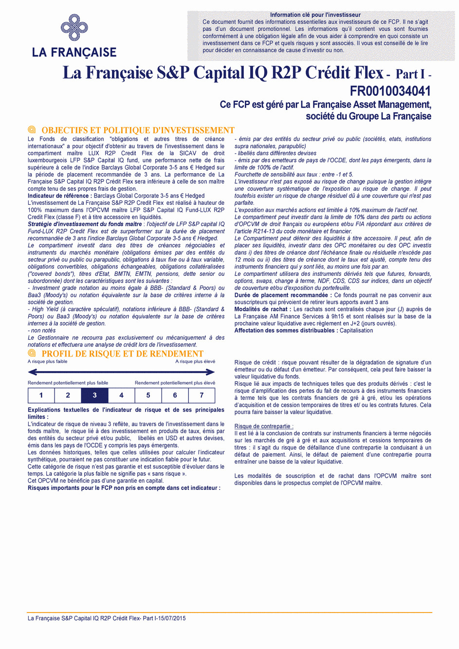 DICI La Française S&P Capital IQ R2P Crédit Flex - Part I - 15/07/2015 - Français
