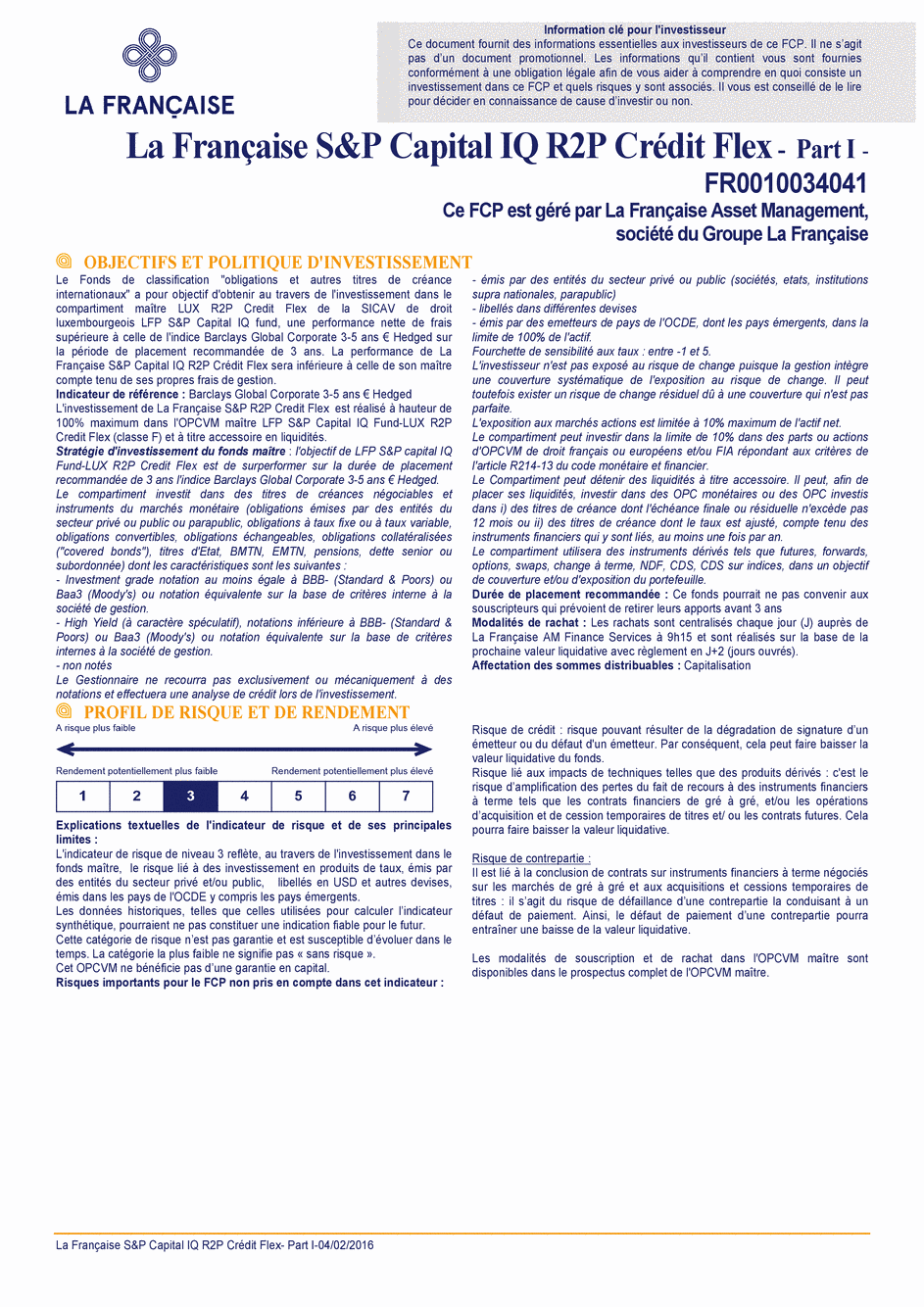 DICI La Française S&P Capital IQ R2P Crédit Flex - Part I - 04/02/2016 - Français
