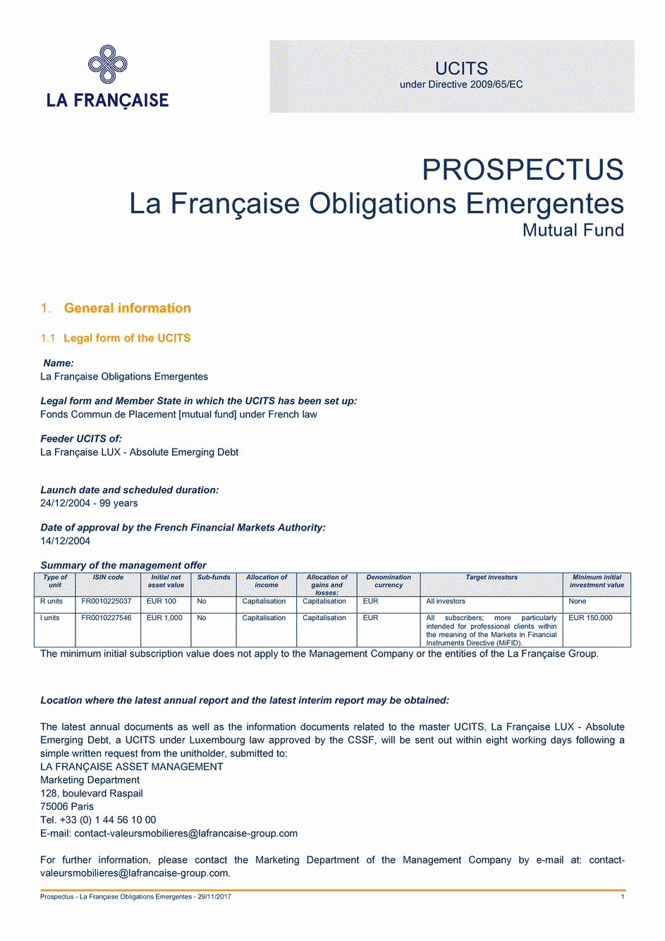 Prospectus La Française Obligations Emergentes - Part R - 29/11/2017 - Anglais