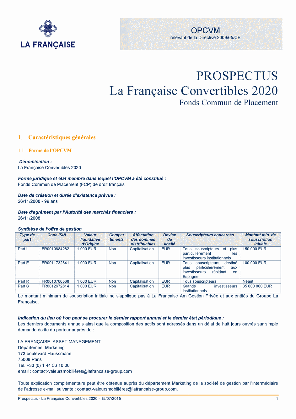 Prospectus La Française Convertibles 2020 - Part I - 15/07/2015 - Français