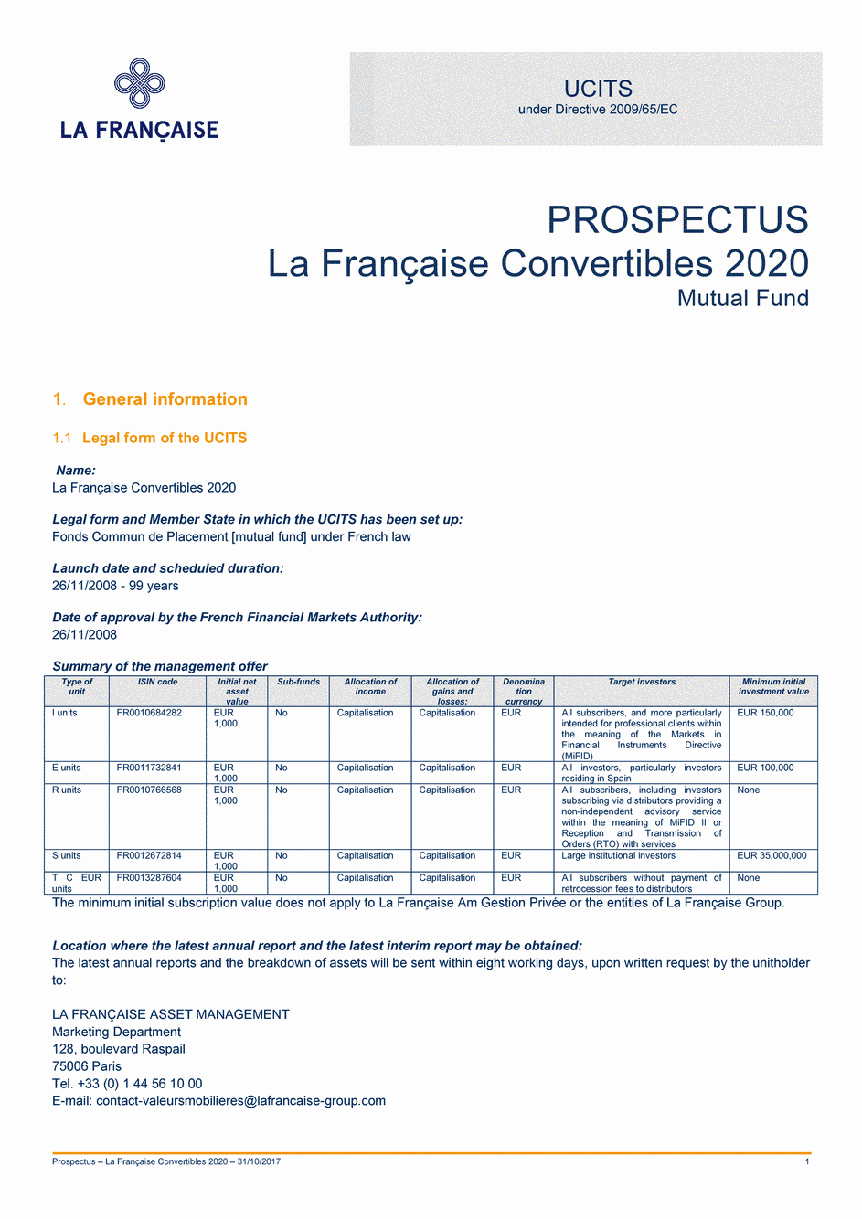Prospectus La Française Convertibles 2020 - Part I - 31/10/2017 - Anglais