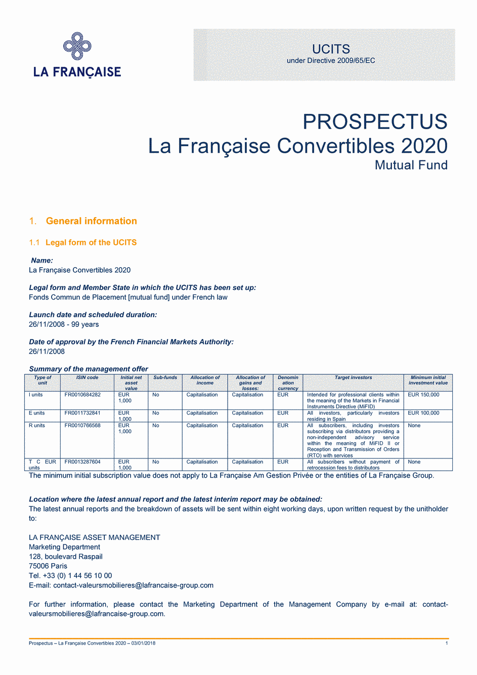 Prospectus La Française Convertibles 2020 - Part I - 03/01/2018 - Anglais