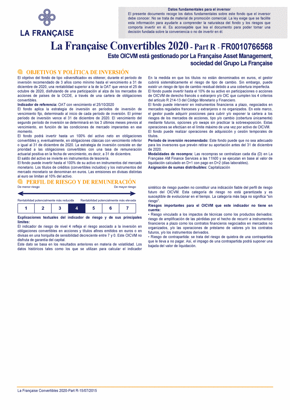 DICI La Française Convertibles 2020 - Part R - 15/07/2015 - Espagnol