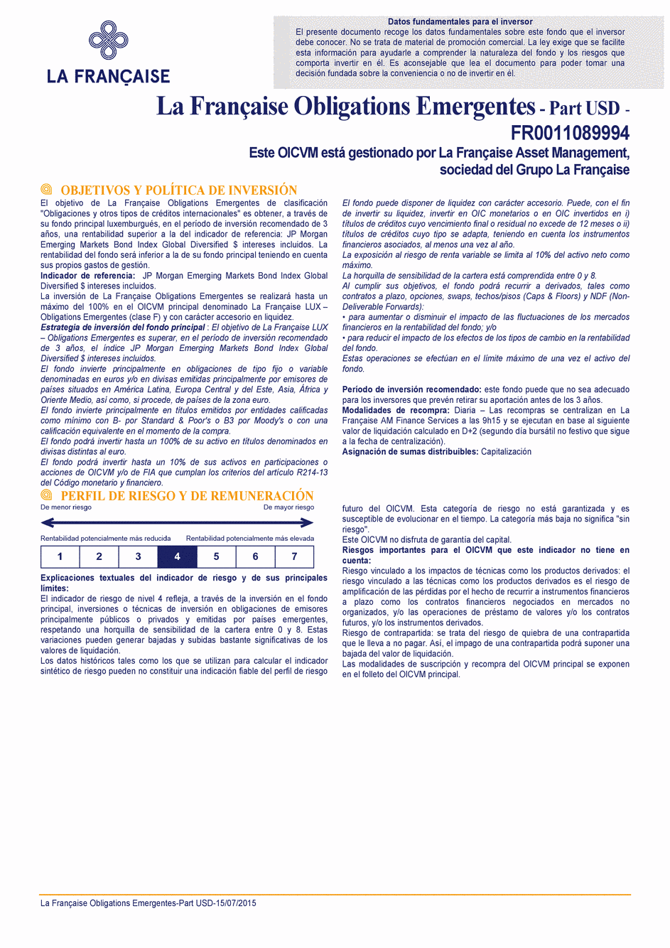 DICI La Française Obligations Emergentes - Part USD - 15/07/2015 - Espagnol