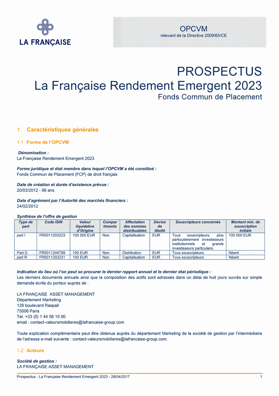 Prospectus La Française Rendement Emergent 2023 - Part R - 28/04/2017 - Français